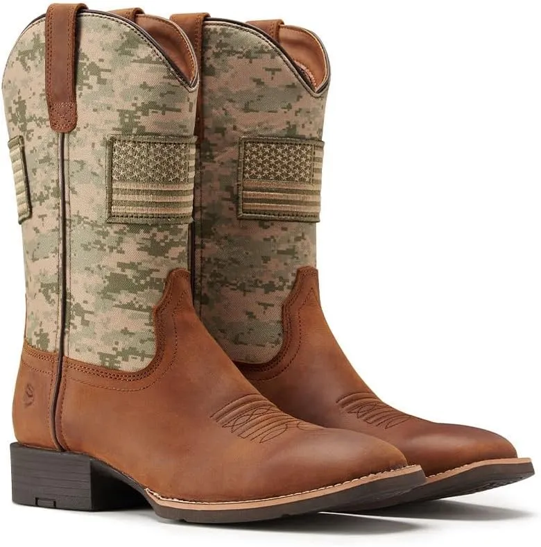 SUREWAY Cowboy Boots For Men - Mens Square Toe Western Boot With Flag,Oil/Slip Resistant,Durable Fashionable Classic Pull on 10 Inch Boots