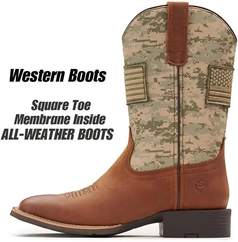 SUREWAY Cowboy Boots For Men - Mens Square Toe Western Boot With Flag,Oil/Slip Resistant,Durable Fashionable Classic Pull on 10 Inch Boots