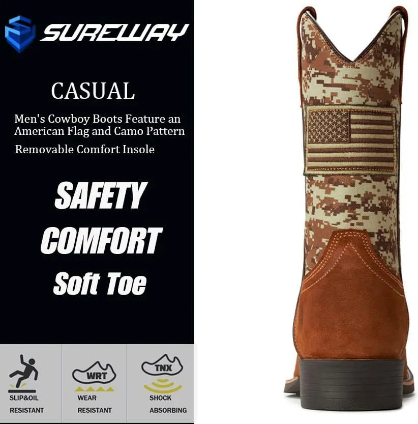 SUREWAY Cowboy Boots For Men - Mens Square Toe Western Boot With Flag,Oil/Slip Resistant,Durable Fashionable Classic Pull on 10 Inch Boots
