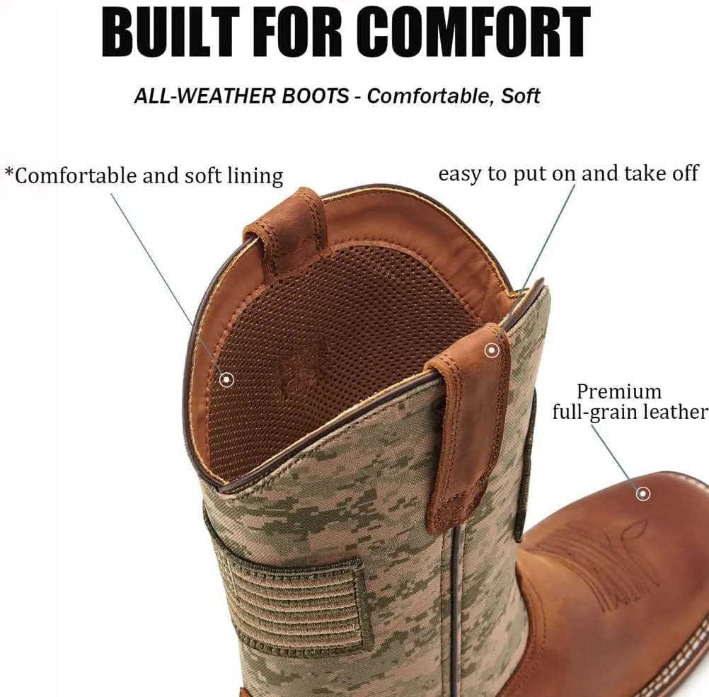 SUREWAY Cowboy Boots For Men - Mens Square Toe Western Boot With Flag,Oil/Slip Resistant,Durable Fashionable Classic Pull on 10 Inch Boots