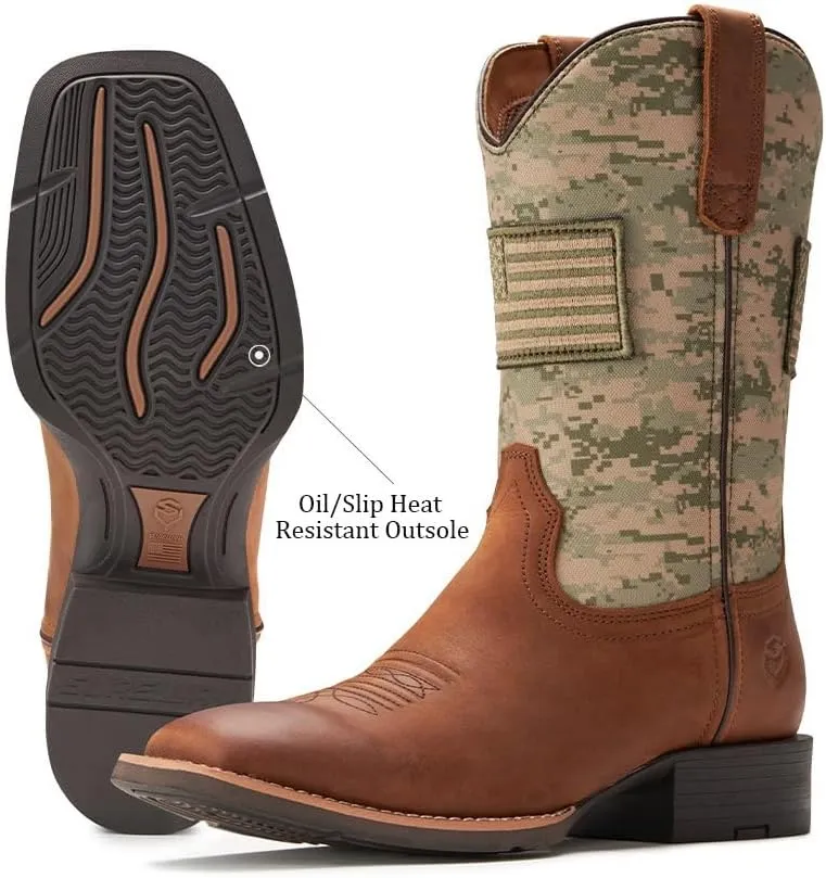 SUREWAY Cowboy Boots For Men - Mens Square Toe Western Boot With Flag,Oil/Slip Resistant,Durable Fashionable Classic Pull on Boots