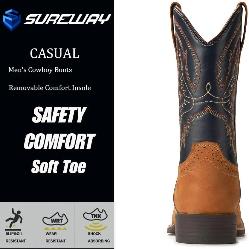 SUREWAY Cowboy Boots For Men - Mens Square Toe Western Boot,Oil/Slip Resistant,Durable Fashionable Classic Pull on 10 Inch Wellington Boots - Soft Toe Work Boots
