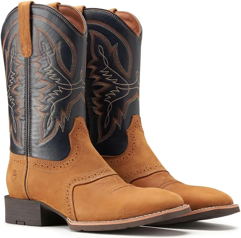 SUREWAY Cowboy Boots For Men - Mens Square Toe Western Boot,Oil/Slip Resistant,Durable Fashionable Classic Pull on 10 Inch Wellington Boots - Soft Toe Work Boots