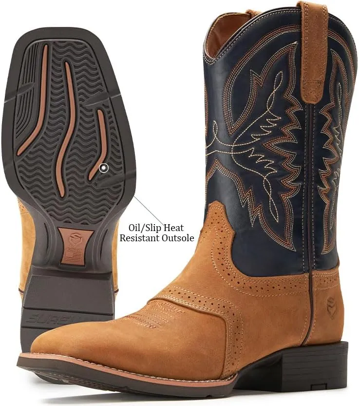 SUREWAY Cowboy Boots For Men - Mens Square Toe Western Boot,Oil/Slip Resistant,Durable Fashionable Classic Pull on 10 Inch Wellington Boots - Soft Toe Work Boots