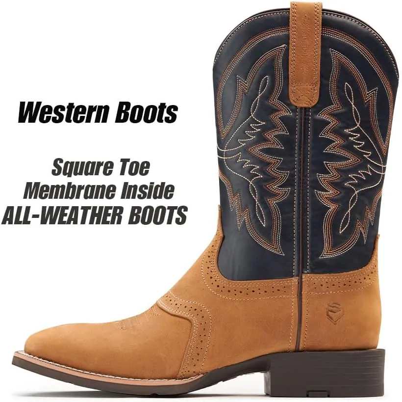 SUREWAY Cowboy Boots For Men - Mens Square Toe Western Boot,Oil/Slip Resistant,Durable Fashionable Classic Pull on 10 Inch Wellington Boots - Soft Toe Work Boots