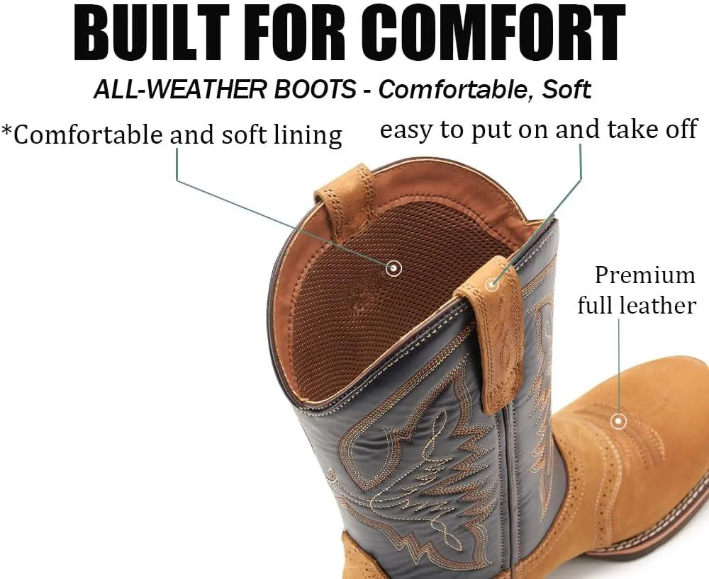 SUREWAY Cowboy Boots For Men - Mens Square Toe Western Boot,Oil/Slip Resistant,Durable Fashionable Classic Pull on 10 Inch Wellington Boots - Soft Toe Work Boots