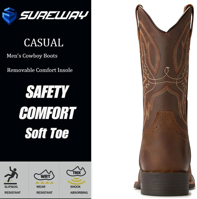 SUREWAY Cowboy Boots For Men - Mens Square Toe Western Boot,Oil/Slip Resistant,Durable Fashionable Classic Pull on 10 Inch Wellington Boots - Soft Toe Work Boots