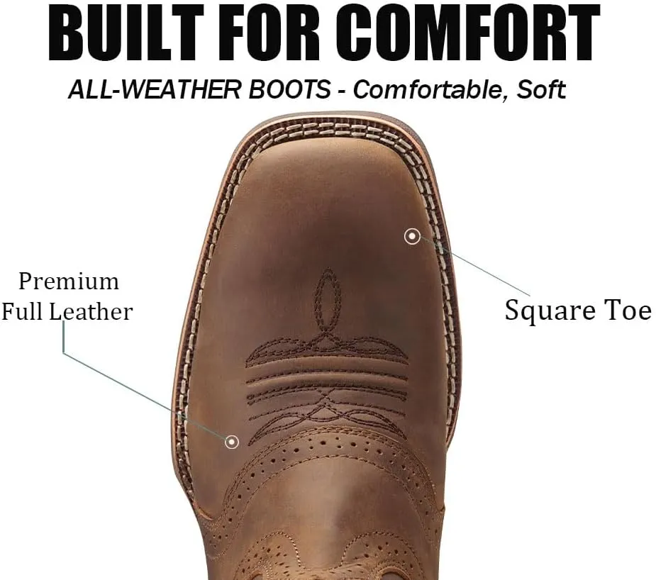SUREWAY Cowboy Boots For Men - Mens Square Toe Western Boot,Oil/Slip Resistant,Durable Fashionable Classic Pull on 10 Inch Wellington Boots - Soft Toe Work Boots