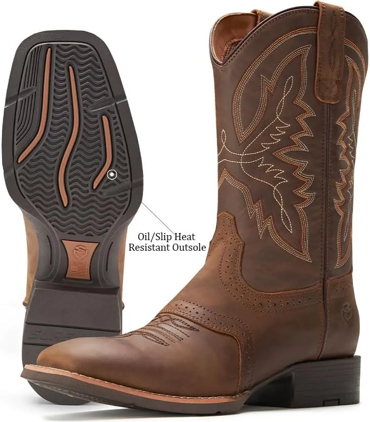 SUREWAY Cowboy Boots For Men - Mens Square Toe Western Boot,Oil/Slip Resistant,Durable Fashionable Classic Pull on 10 Inch Wellington Boots - Soft Toe Work Boots