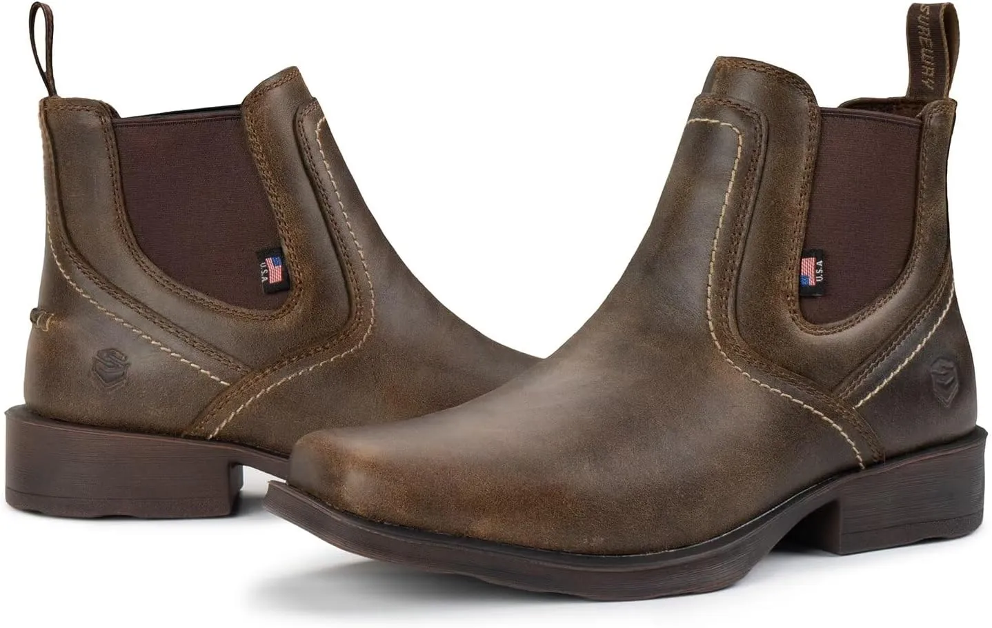 SUREWAY Mens Western Chelsea Cowboy Boots, Square Toe Casual/Work/Dress Boots, Ankle Length, Retro Stylish, Durable Comfortable, All-Weather
