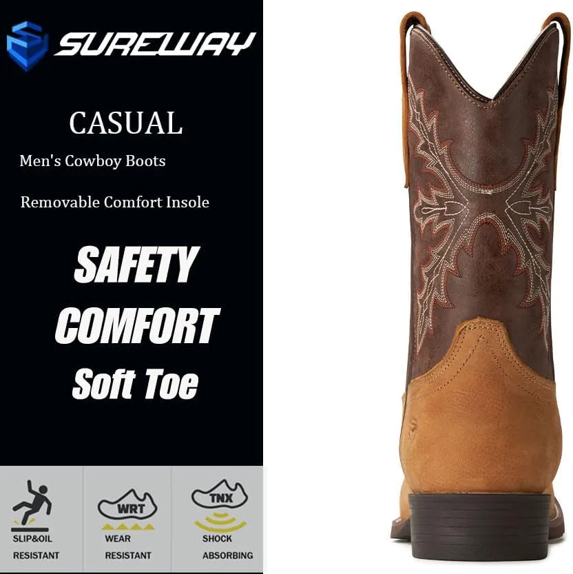 SUREWAY Western Boots For Men - Mens Square Toe Cowboy Boot,Oil/Slip Resistant,Durable Fashionable Classic Pull on 10 Inch Boots Mid Calf Wellington Boots