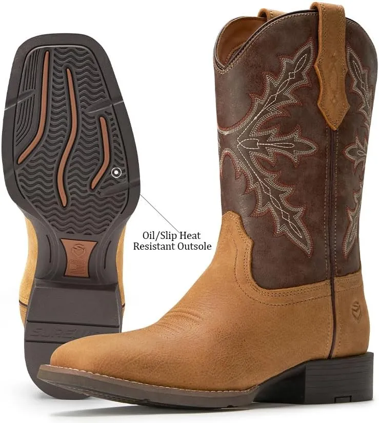 SUREWAY Western Boots For Men - Mens Square Toe Cowboy Boot,Oil/Slip Resistant,Durable Fashionable Classic Pull on 10 Inch Boots Mid Calf Wellington Boots