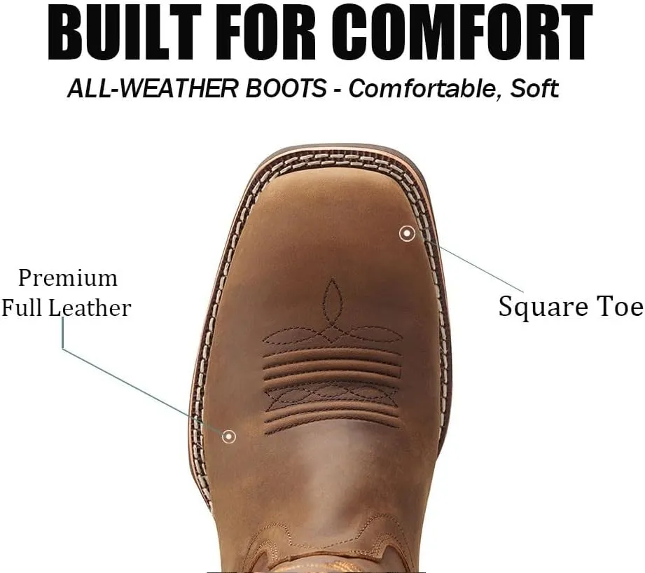 SUREWAY Western Boots For Men - Mens Square Toe Cowboy Boot,Oil/Slip Resistant,Durable Fashionable Classic Pull on 10 Inch Boots,Mid Calf Soft toe Wellington Boots