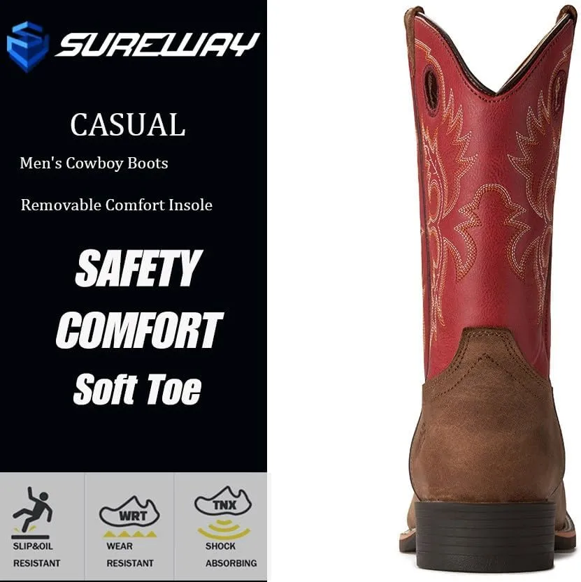 SUREWAY Western Boots For Men - Mens Square Toe Cowboy Boot,Oil/Slip Resistant,Durable Fashionable Classic Pull on 10 Inch Boots,Mid Calf Soft toe Wellington Boots