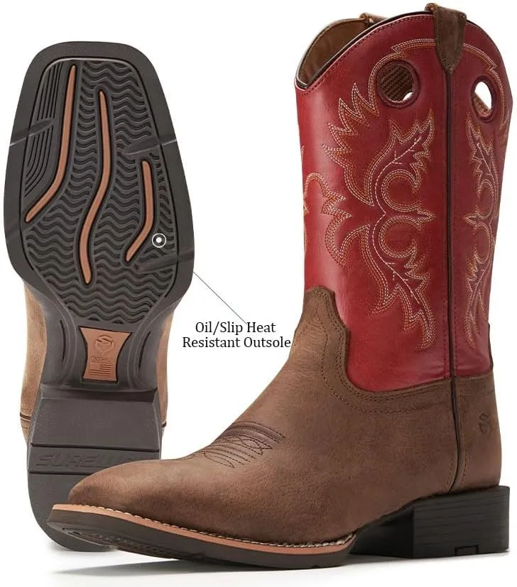 SUREWAY Western Boots For Men - Mens Square Toe Cowboy Boot,Oil/Slip Resistant,Durable Fashionable Classic Pull on 10 Inch Boots,Mid Calf Soft toe Wellington Boots