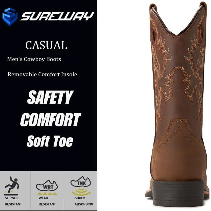 SUREWAY Western Boots For Men - Mens Square Toe Cowboy Boot,Oil/Slip Resistant,Durable Fashionable Classic Pull on 10 Inch Boots,Mid Calf Soft toe Wellington Boots
