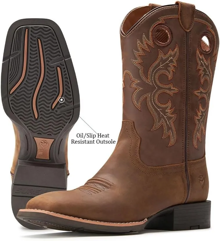 SUREWAY Western Boots For Men - Mens Square Toe Cowboy Boot,Oil/Slip Resistant,Durable Fashionable Classic Pull on 10 Inch Boots,Mid Calf Soft toe Wellington Boots