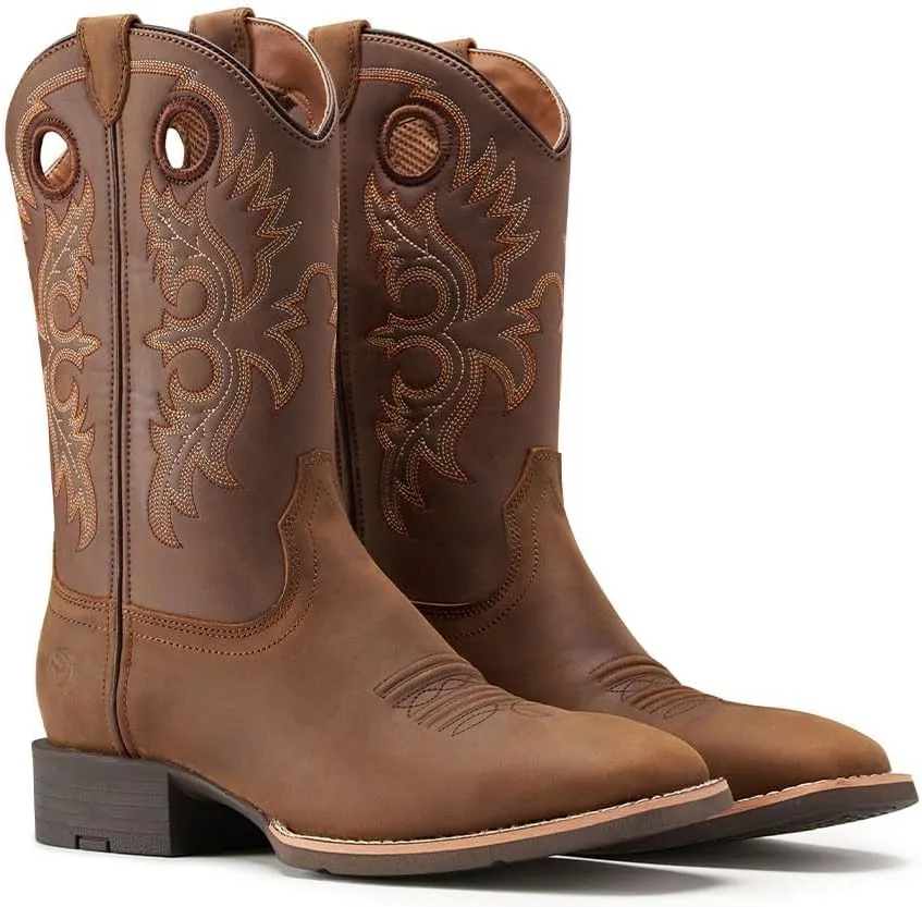 SUREWAY Western Boots For Men - Mens Square Toe Cowboy Boot,Oil/Slip Resistant,Durable Fashionable Classic Pull on 10 Inch Boots,Mid Calf Soft toe Wellington Boots