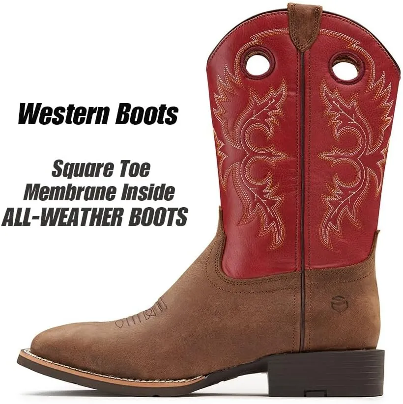 SUREWAY Western Boots For Men - Mens Square Toe Cowboy Boot,Oil/Slip Resistant,Durable Fashionable Classic Pull on 10 Inch Boots,Mid Calf Soft toe Wellington Boots
