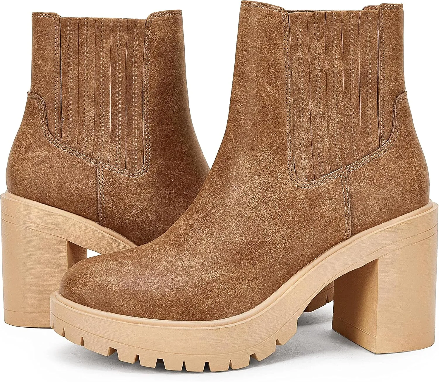 Syktkmx Womens Platform Chelsea Ankle Boots Lug Sole Chunky Block Heel Slip On Accordion High Top Western Booties