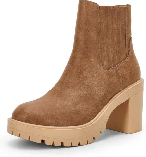 Syktkmx Womens Platform Chelsea Ankle Boots Lug Sole Chunky Block Heel Slip On Accordion High Top Western Booties