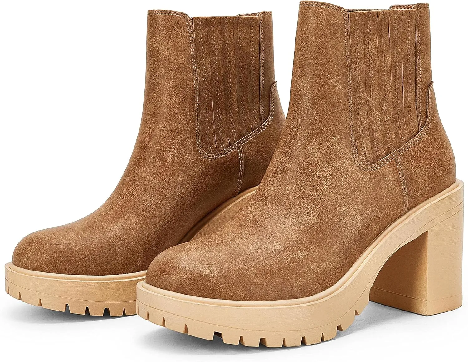 Syktkmx Womens Platform Chelsea Ankle Boots Lug Sole Chunky Block Heel Slip On Accordion High Top Western Booties