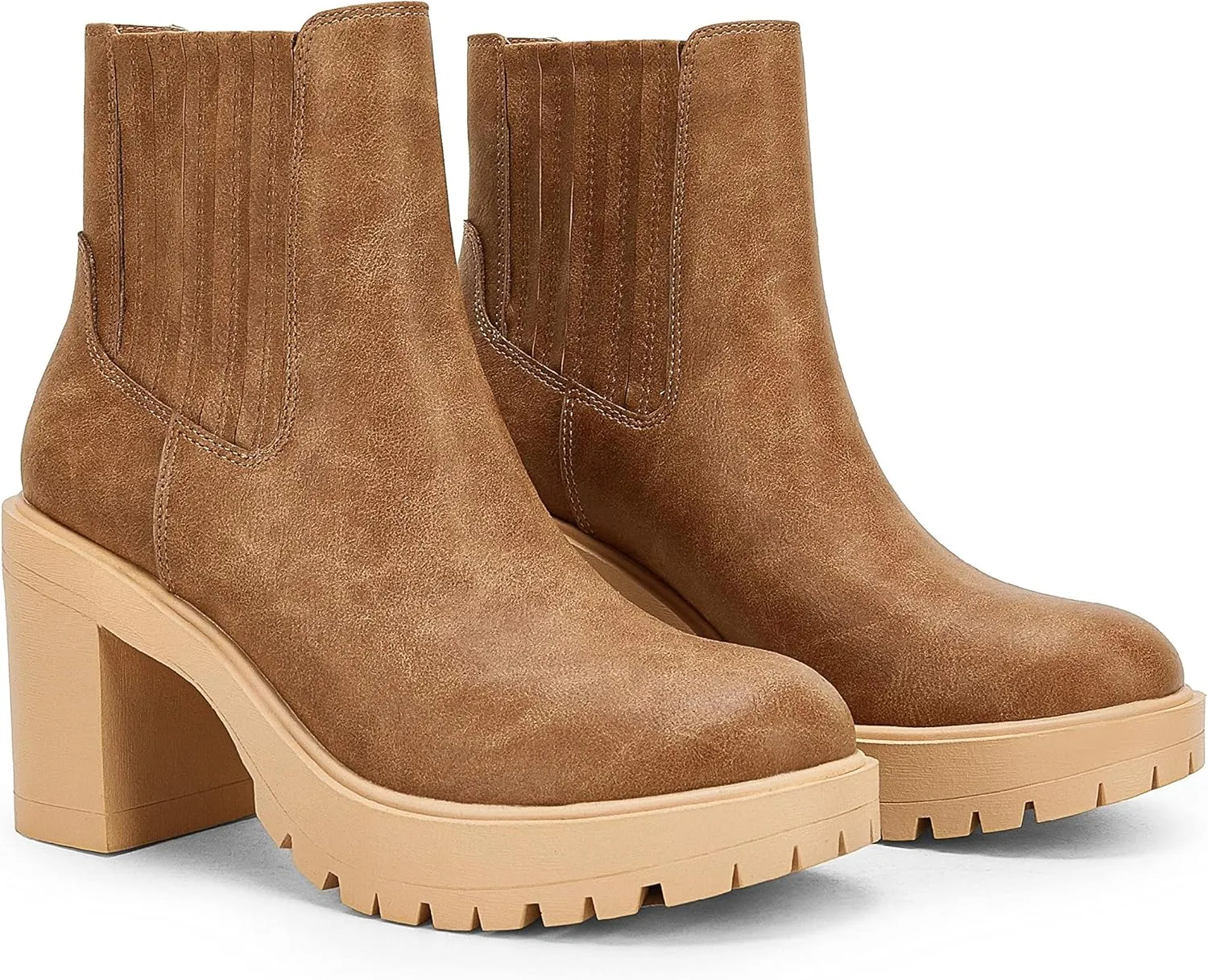 Syktkmx Womens Platform Chelsea Ankle Boots Lug Sole Chunky Block Heel Slip On Accordion High Top Western Booties