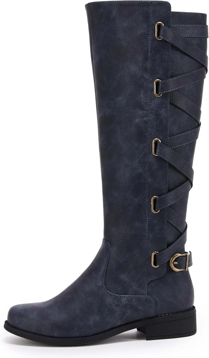 Syktkmx Womens Strappy Motorcycle Knee High Boots Winter Lace Up Riding Flat Low Heel Shoes