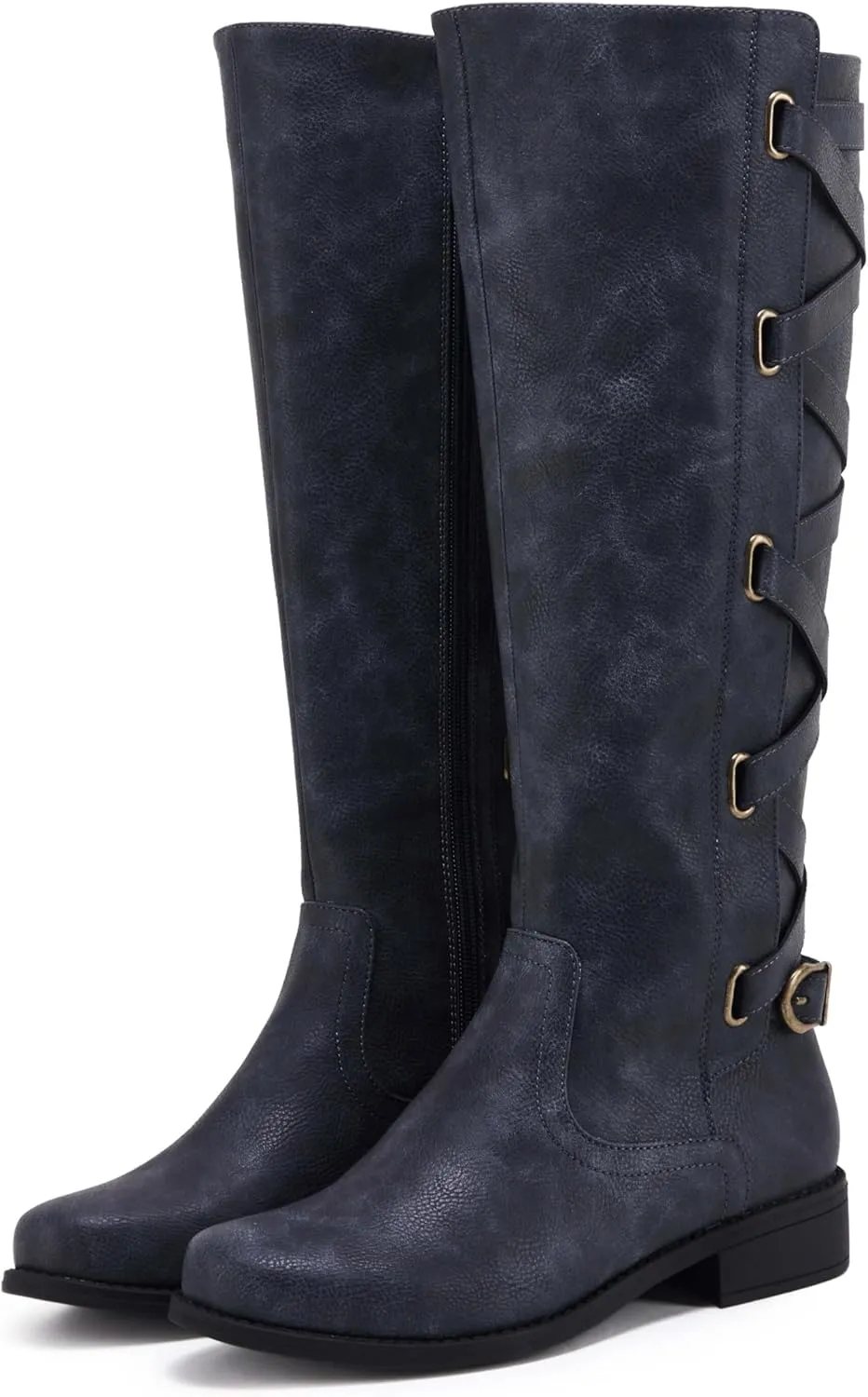 Syktkmx Womens Strappy Motorcycle Knee High Boots Winter Lace Up Riding Flat Low Heel Shoes