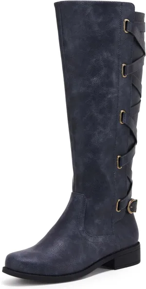 Syktkmx Womens Strappy Motorcycle Knee High Boots Winter Lace Up Riding Flat Low Heel Shoes