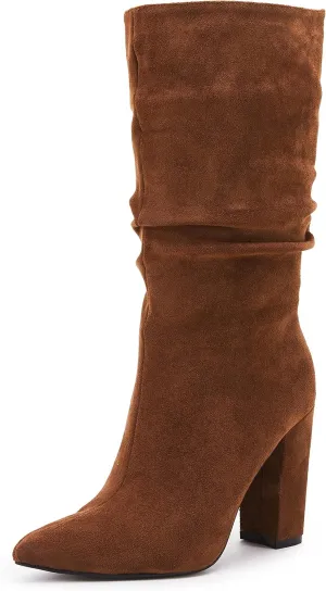 Syktkmx Womens Winter Slouchy High Heel Boots Mid Calf Suede Slip on Chunky Block Pointed Toe Boots