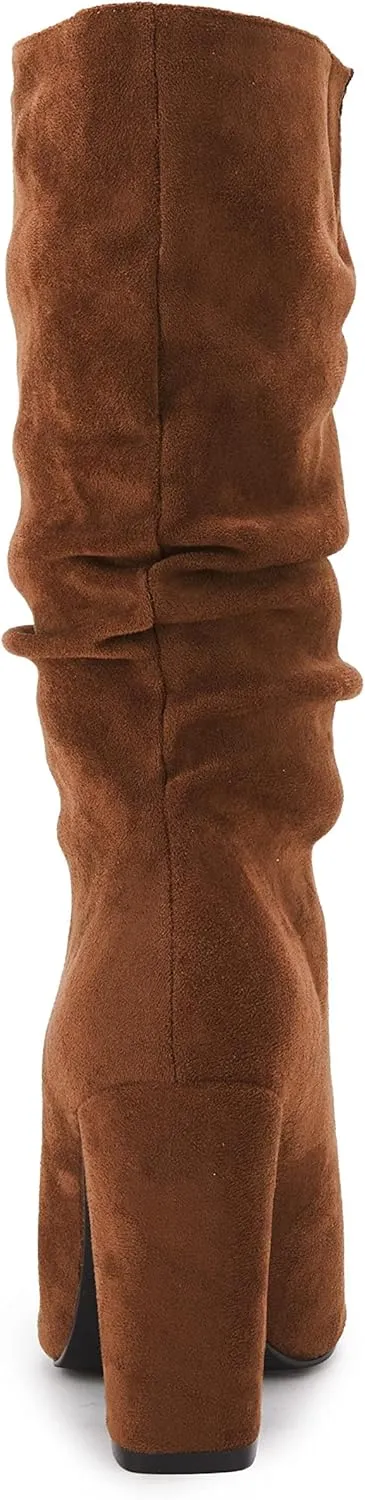 Syktkmx Womens Winter Slouchy High Heel Boots Mid Calf Suede Slip on Chunky Block Pointed Toe Boots