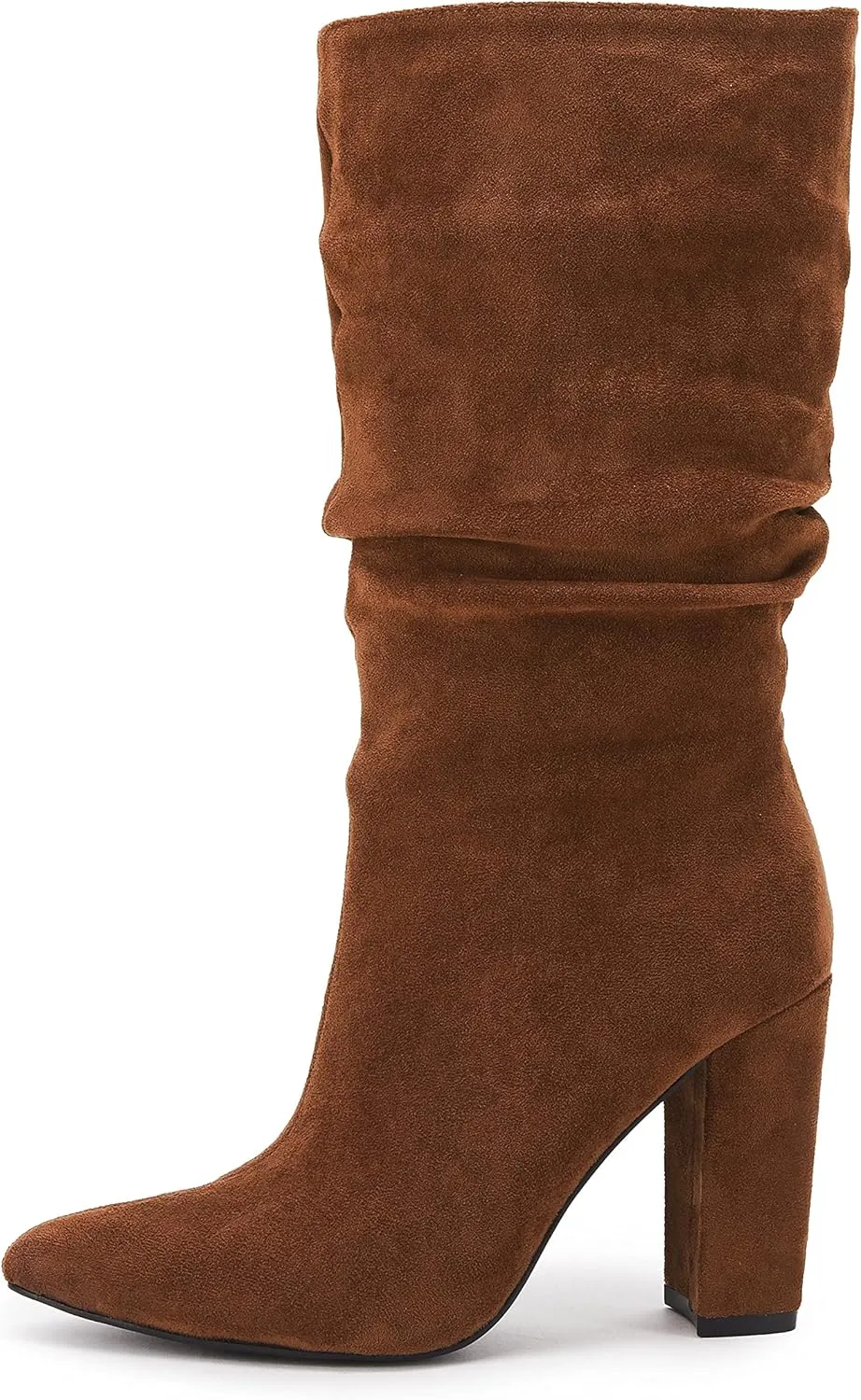 Syktkmx Womens Winter Slouchy High Heel Boots Mid Calf Suede Slip on Chunky Block Pointed Toe Boots
