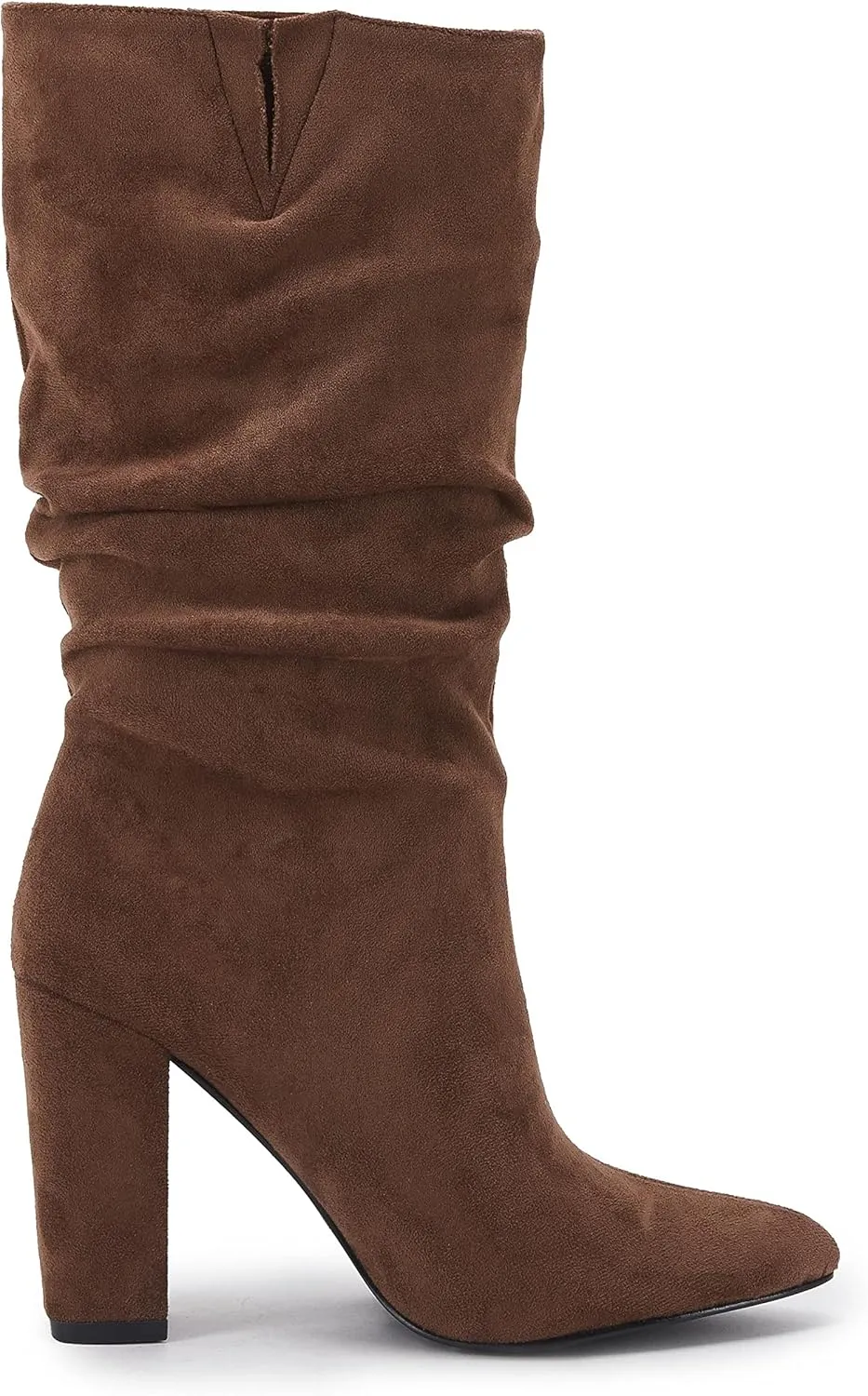 Syktkmx Womens Winter Slouchy High Heel Boots Mid Calf Suede Slip on Chunky Block Pointed Toe Boots