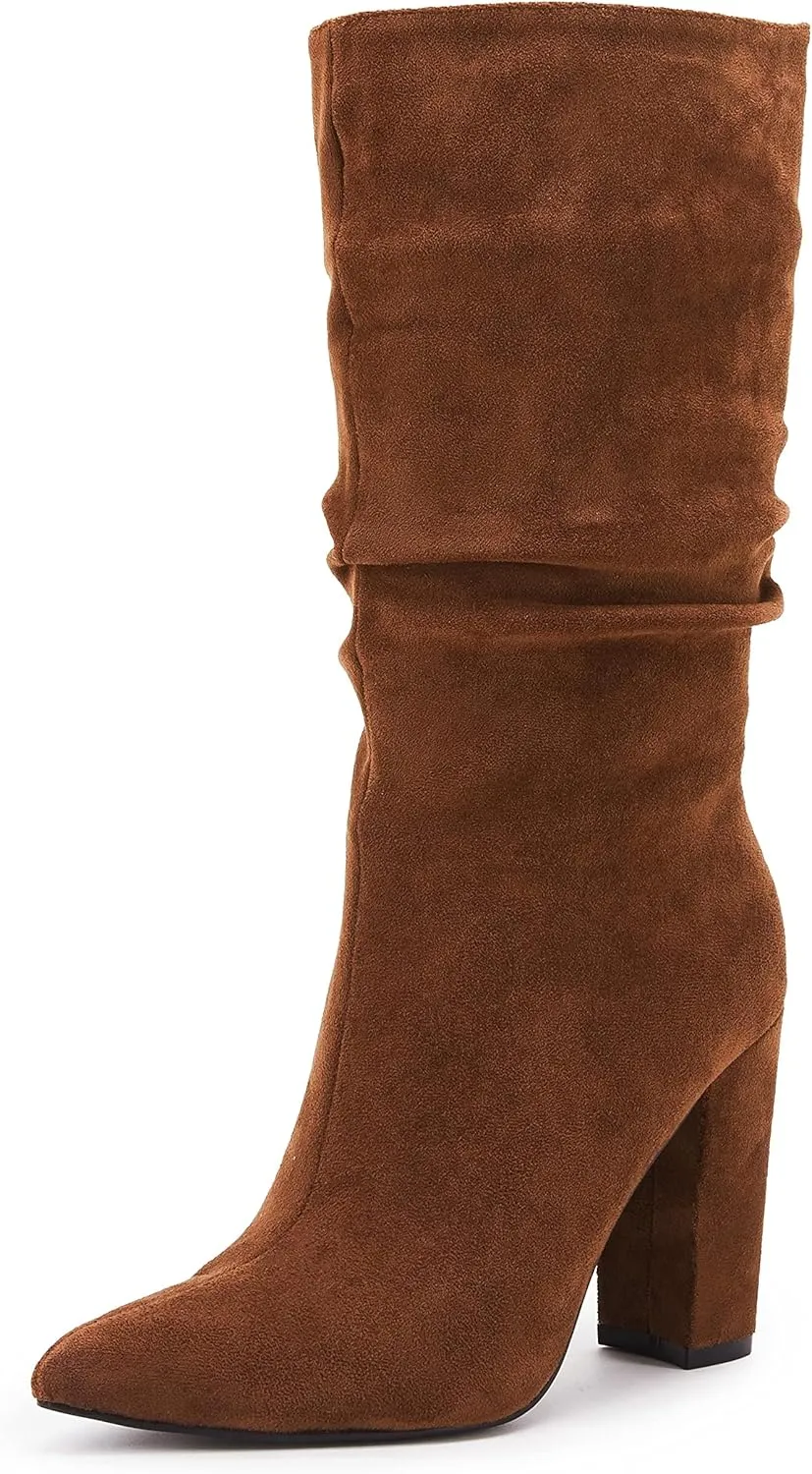 Syktkmx Womens Winter Slouchy High Heel Boots Mid Calf Suede Slip on Chunky Block Pointed Toe Boots