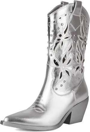TAEPUSR Women's Cowboy Embroidered Boots Chunky Block Heel Hollow Western Boots Pointed Toe Studded Boots