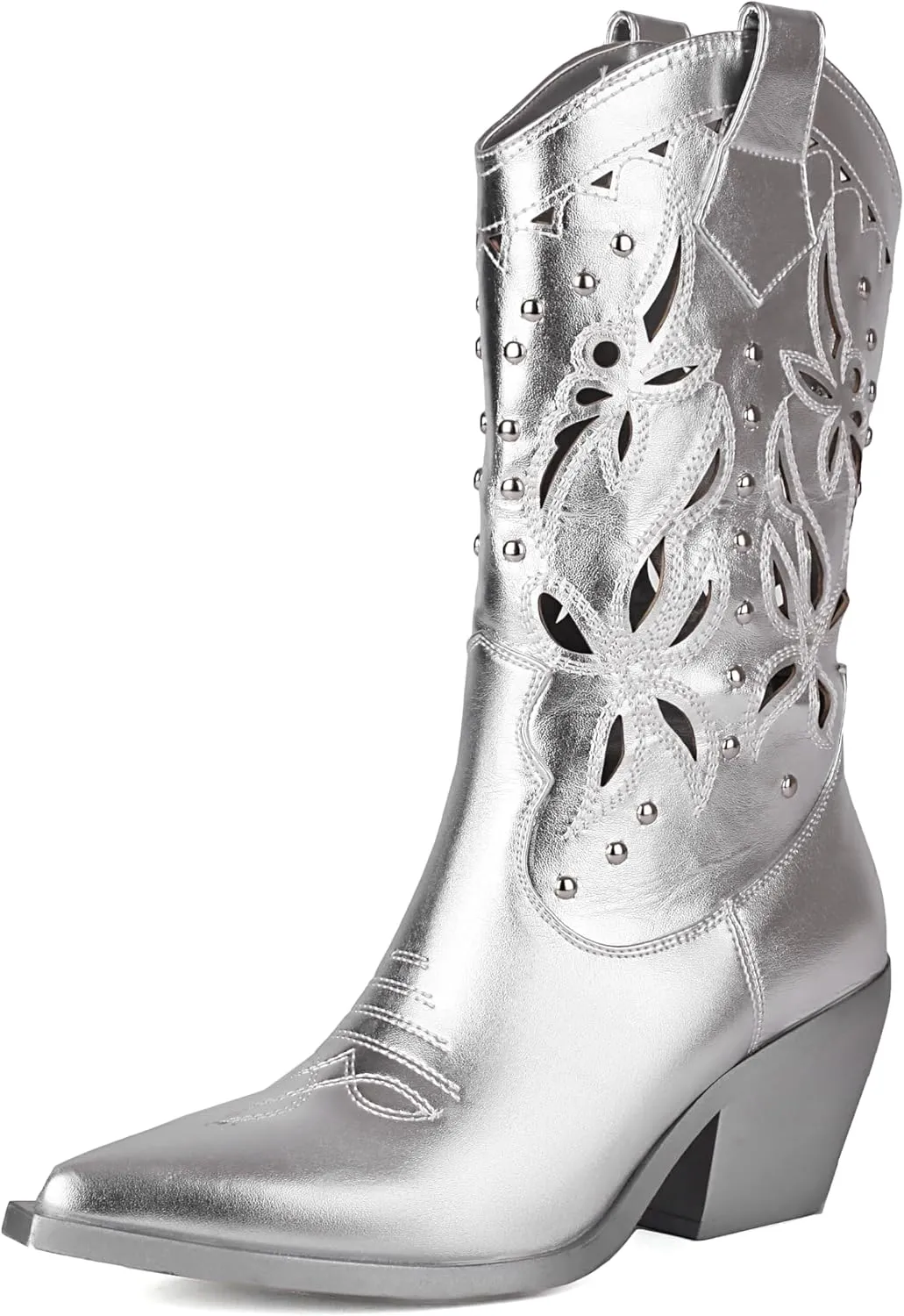 TAEPUSR Women's Cowboy Embroidered Boots Chunky Block Heel Hollow Western Boots Pointed Toe Studded Boots