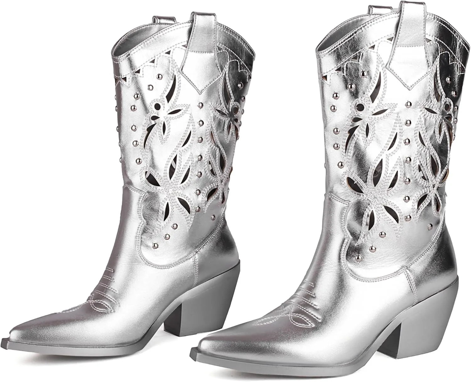 TAEPUSR Women's Cowboy Embroidered Boots Chunky Block Heel Hollow Western Boots Pointed Toe Studded Boots
