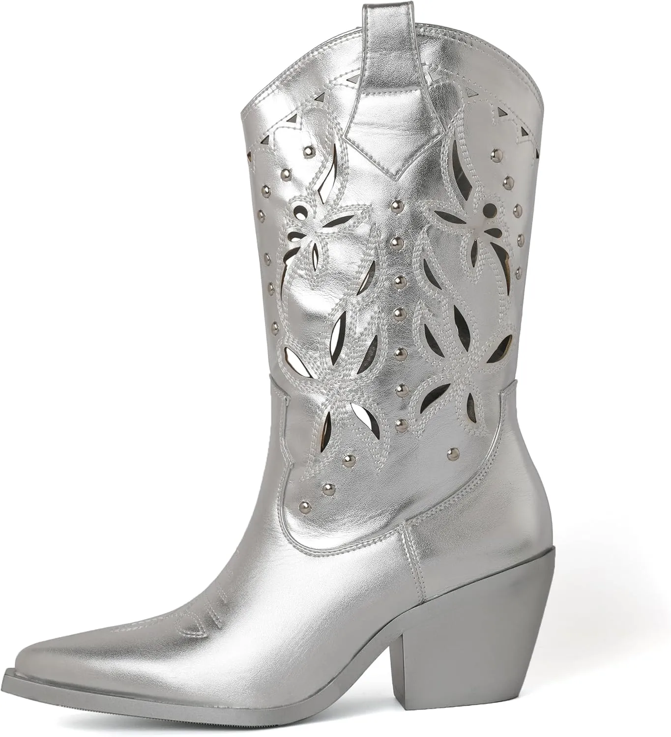 TAEPUSR Women's Cowboy Embroidered Boots Chunky Block Heel Hollow Western Boots Pointed Toe Studded Boots