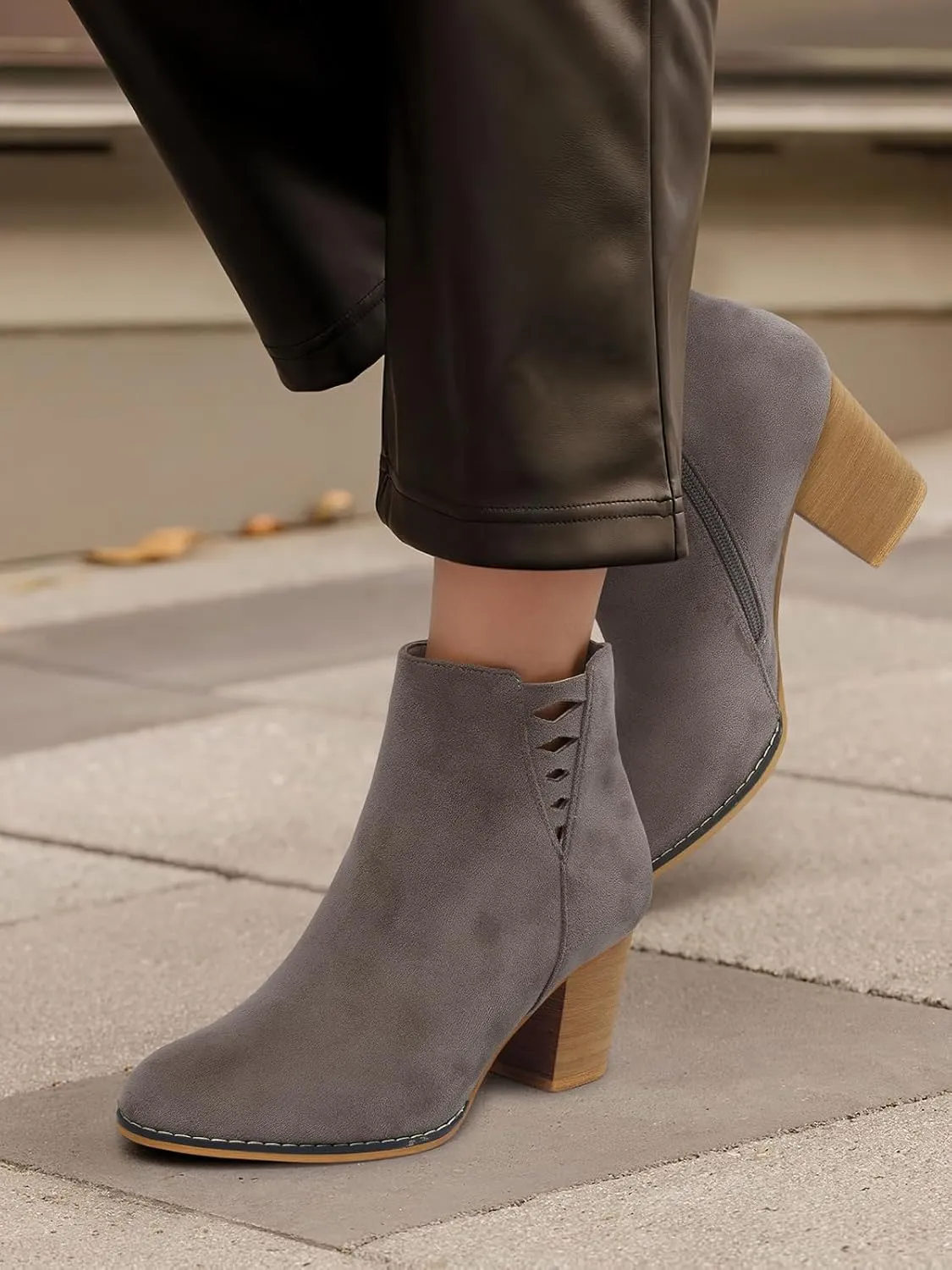 TEMOFON Ankle Boots for Women Booties: Suede Short Boot with Chunky Low Heel, Almond Toe Comfortable Dressy Shoes Side Zipper 2024 Trendy Fall