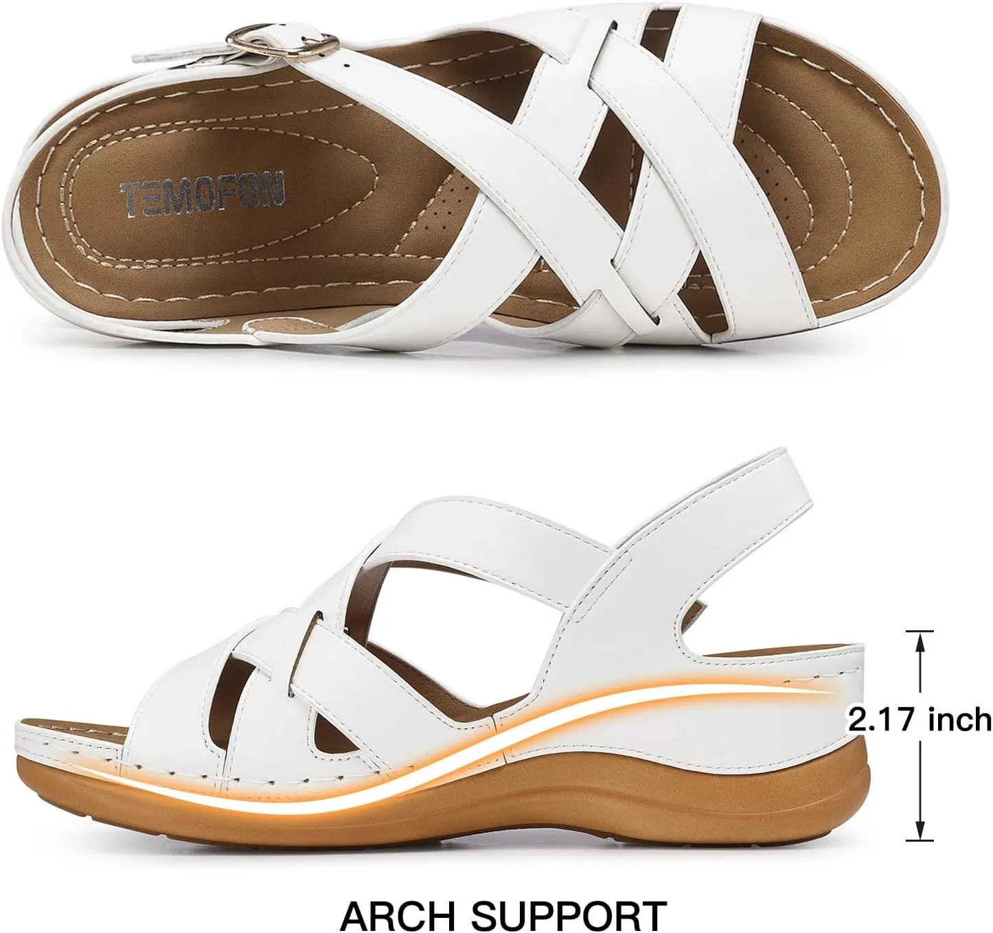 TEMOFON Flat Women Sandals Wide: Black Brown White Leather Summer Sandal - Rubber Sole - Dressy Comfortable Walking Sandal Size 5-11