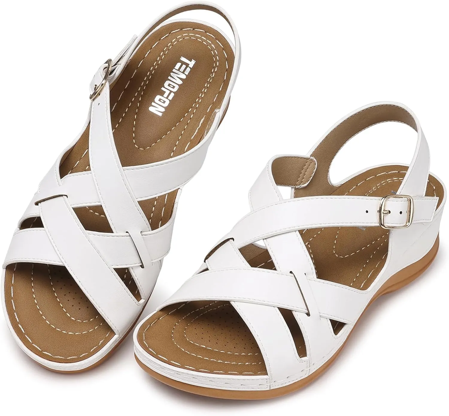 TEMOFON Flat Women Sandals Wide: Black Brown White Leather Summer Sandal - Rubber Sole - Dressy Comfortable Walking Sandal Size 5-11