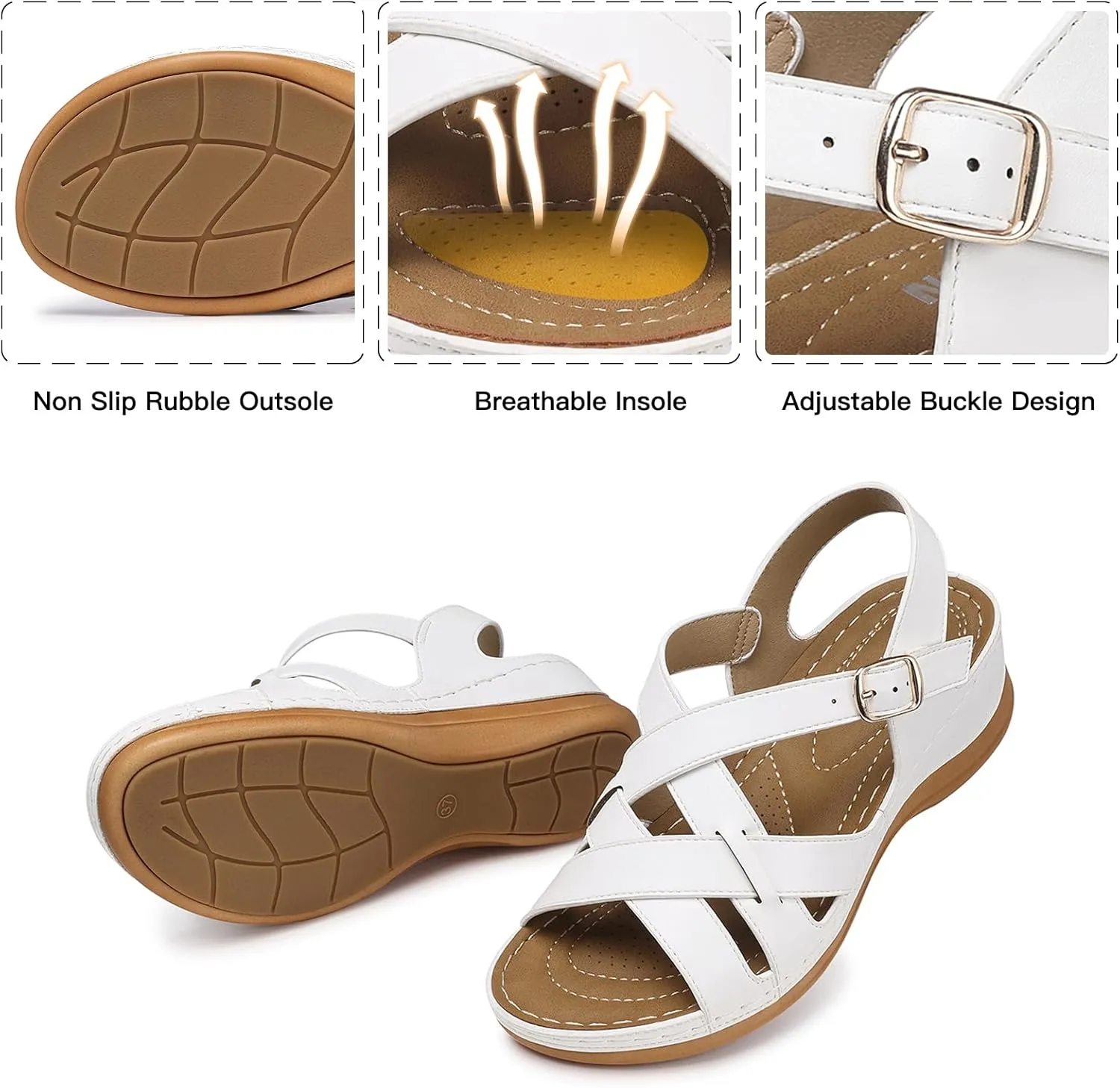 TEMOFON Flat Women Sandals Wide: Black Brown White Leather Summer Sandal - Rubber Sole - Dressy Comfortable Walking Sandal Size 5-11