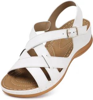TEMOFON Flat Women Sandals Wide: Black Brown White Leather Summer Sandal - Rubber Sole - Dressy Comfortable Walking Sandal Size 5-11
