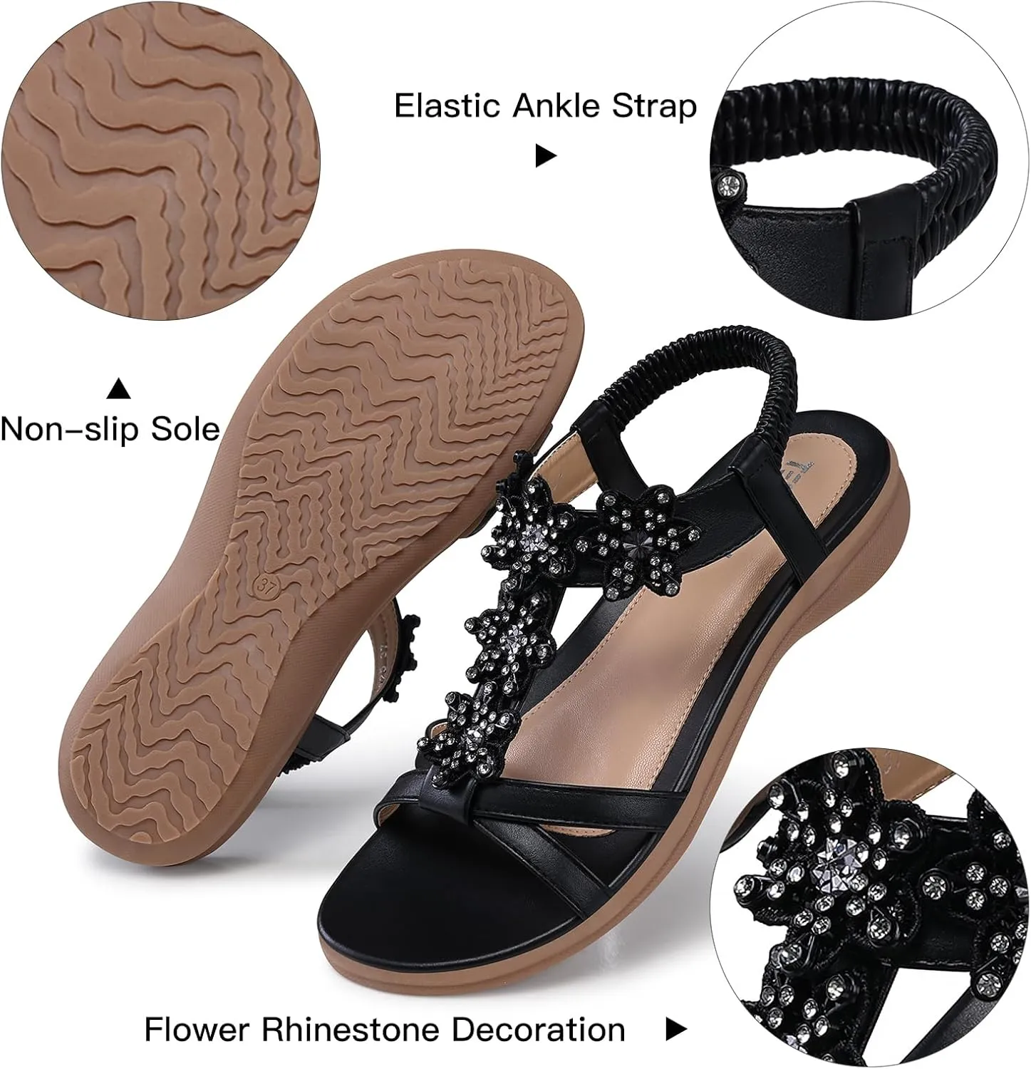 TEMOFON Flats Sandals for Women Dressy: Summer Elastic Ankle Strap Flat Sandals - Comfortable Beach Women