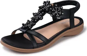 TEMOFON Flats Sandals for Women Dressy: Summer Elastic Ankle Strap Flat Sandals - Comfortable Beach Women