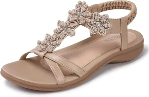 TEMOFON Flats Sandals for Women Dressy: Summer Elastic Ankle Strap Flat Sandals - Comfortable Beach Women
