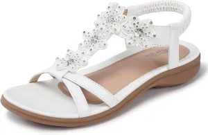 TEMOFON Flats Sandals for Women Dressy: White Size 7 Summer Elastic Ankle Strap Flat Sandals - Comfortable Beach for Woman