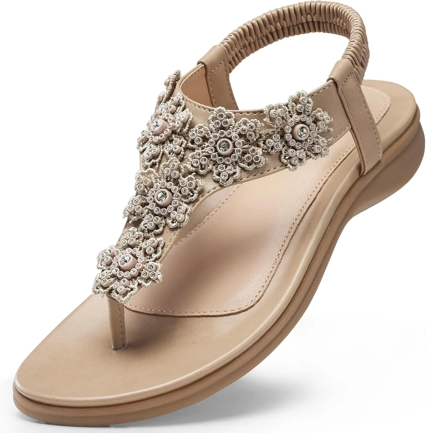 TEMOFON Sandals for Women Flat Dressy: Summer Flower Sandals with Ankle Strap Comfortable Casual Walking Flat Sandals Size 5-11