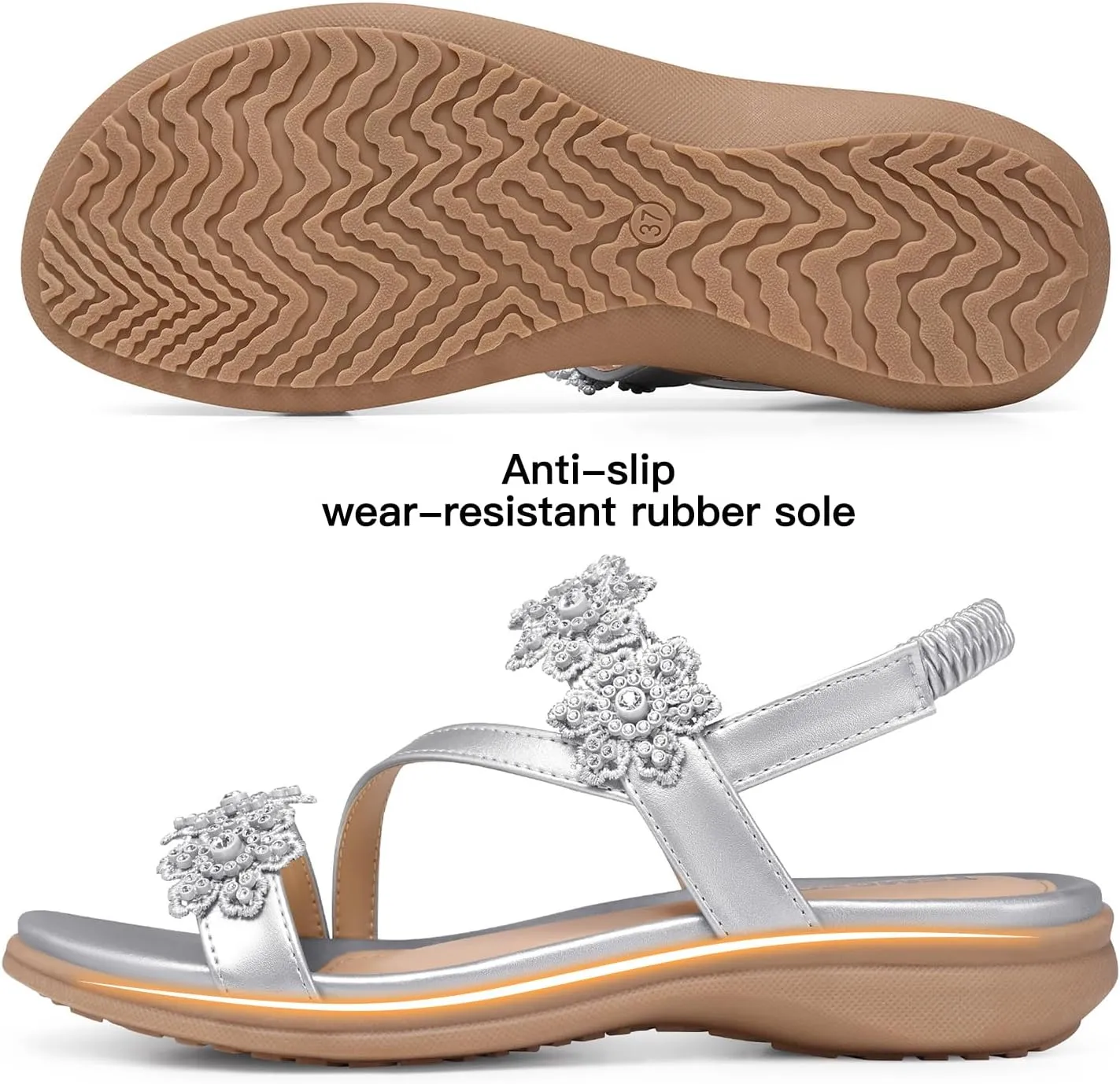 TEMOFON Sandals for Women Flat Dressy: Summer Flower Sandals with Ankle Strap Comfortable Casual Walking Flat Sandals Size 5-11